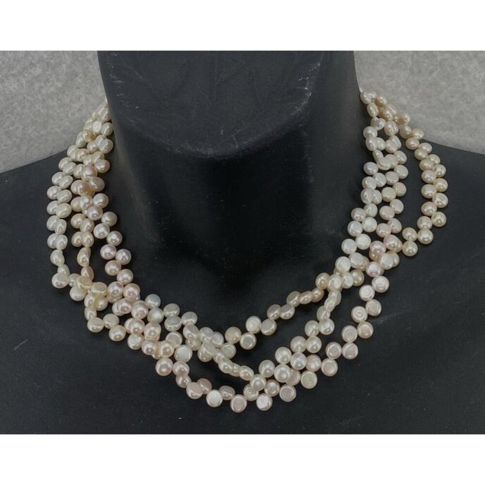 Vintage Smithsonian Triple Strand Pink White Pearl Necklace Filigree Clasp 18"